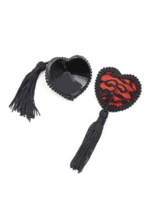 Paire de cache tétons adhésifs en forme de cœur avec dentelle noire et pompom - NP-0077